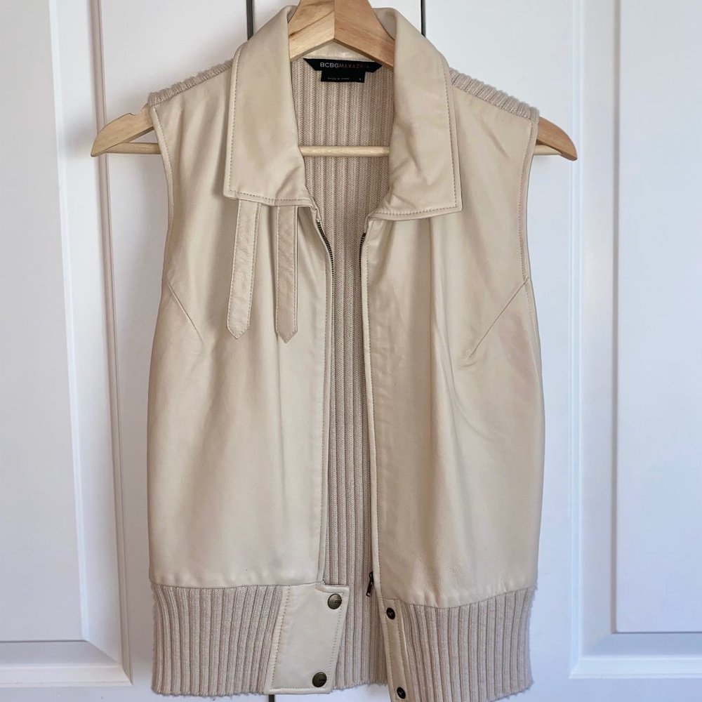 BCBG Max Azria Cream Vest Leather and Knit Size Large Never Worn